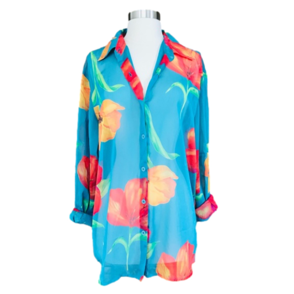 🌺 90s Bright SHEER TURQUOISE Hibiscus Floral Blouse, size Med Liz Claiborne